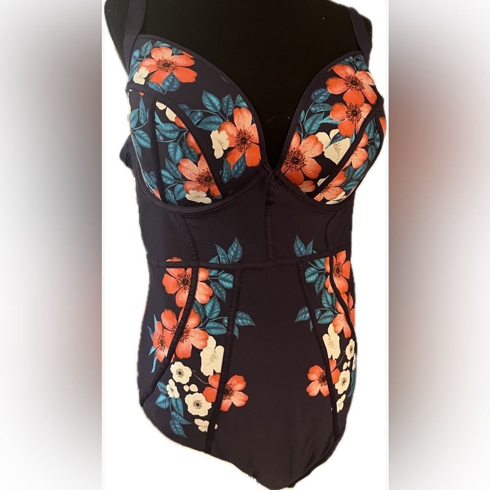 City Chic - Floral Navy One Piece Swimsuit with Orange and Cream Accents